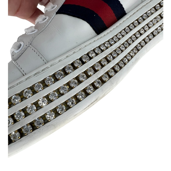 Gucci Ace Web Platform Crystal Embellished Leather Sneakers - Picture 12 of 16